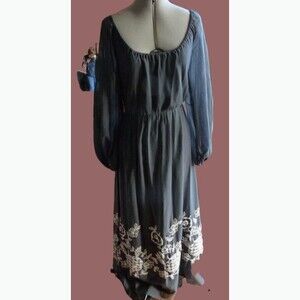 Vintage 60-70s Dress Gray Cotton voile Cream Embroidery plaid applique S